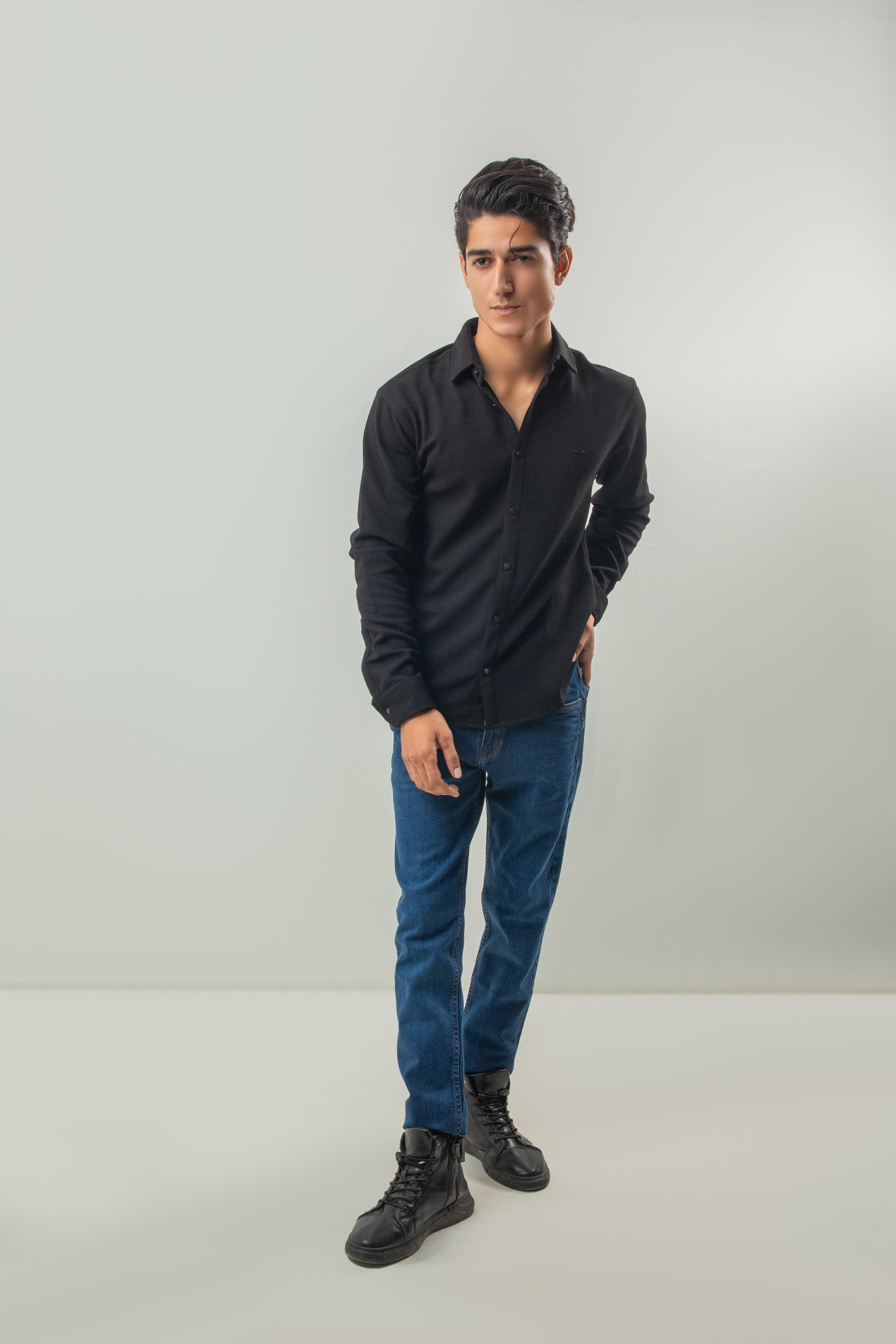 Rough Tone Material Full Sleeves Casual Shirt - Black