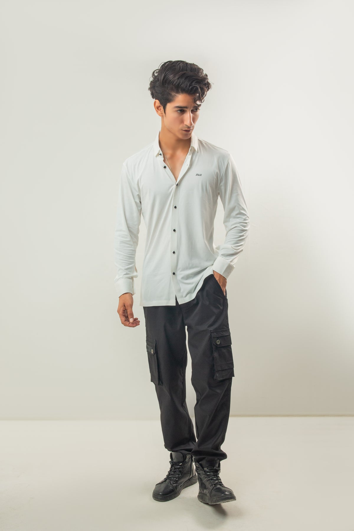 Ice Silk Material Plain Stretchable Shirt Full Sleeves - White
