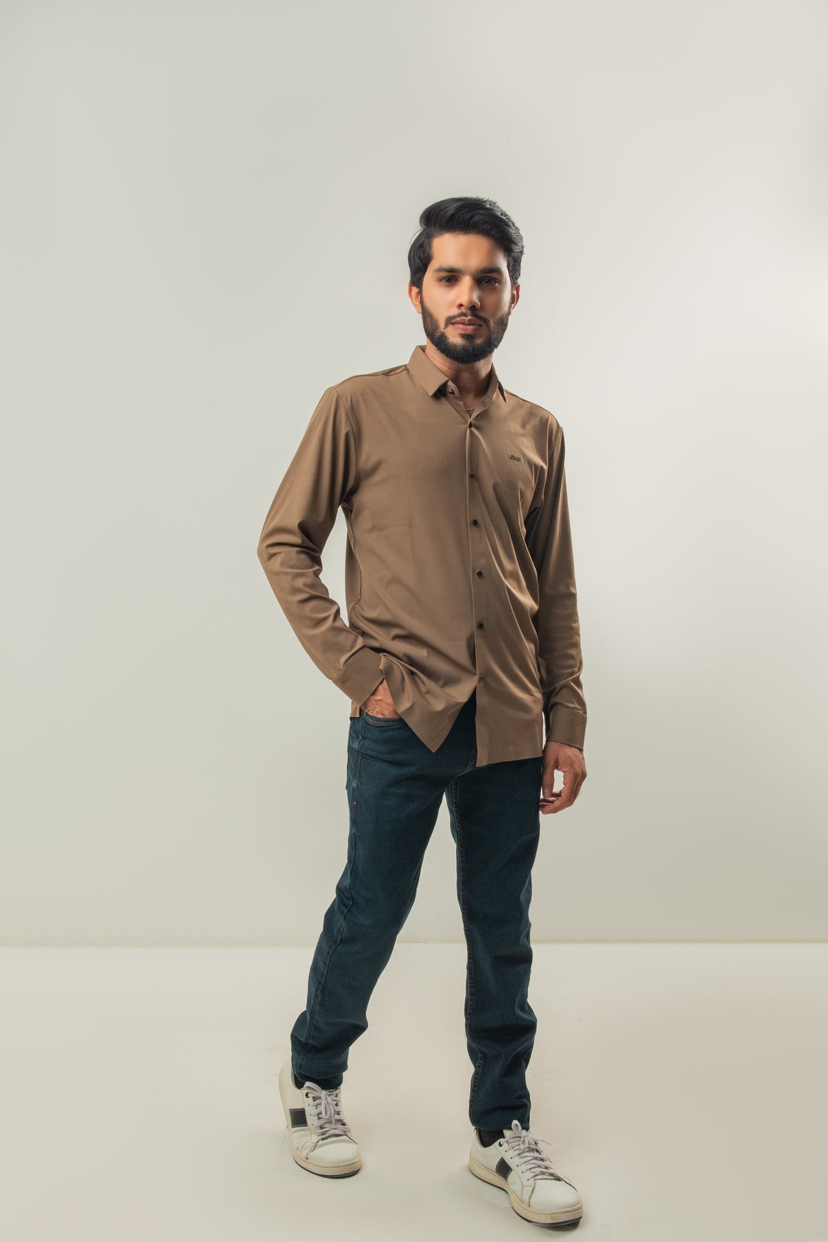 Ice Silk Material Plain Stretchable Shirt Full Sleeves - Brown