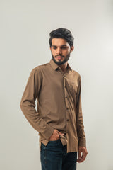Ice Silk Material Plain Stretchable Shirt Full Sleeves - Brown