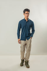 Ice Silk Material Plain Stretchable Shirt Full Sleeves - Blue