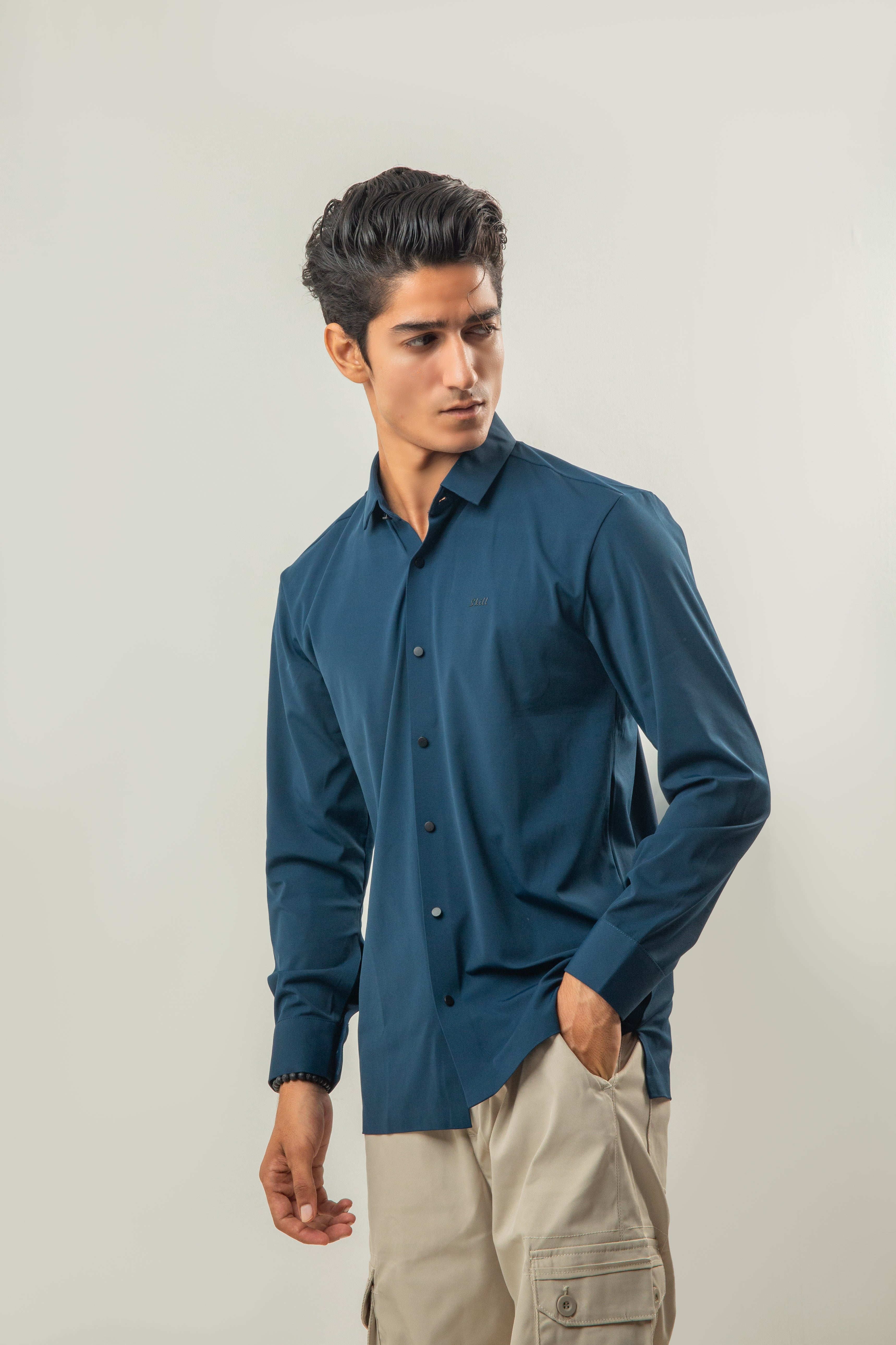 Ice Silk Material Plain Stretchable Shirt Full Sleeves - Blue