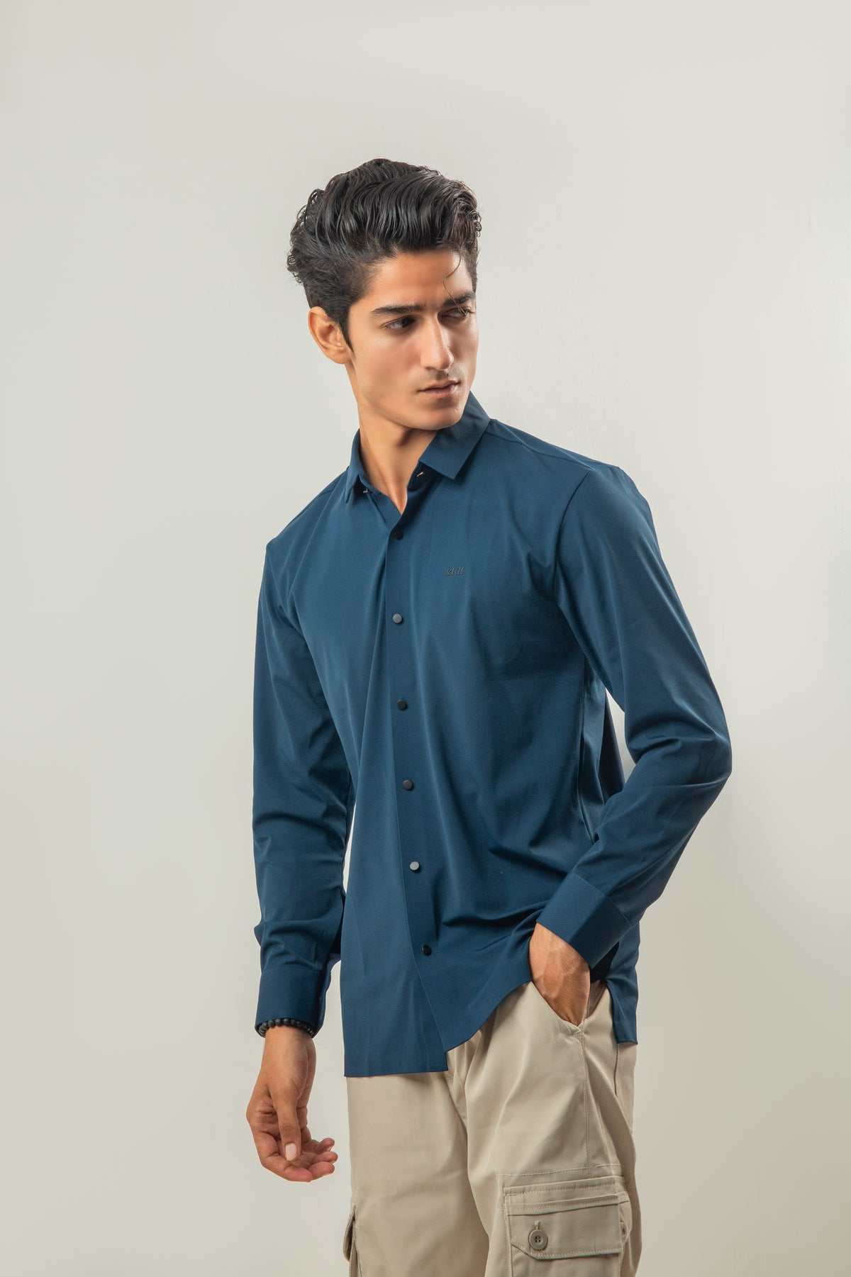 Ice Silk Material Plain Stretchable Shirt Full Sleeves - Blue