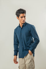 Ice Silk Material Plain Stretchable Shirt Full Sleeves - Blue