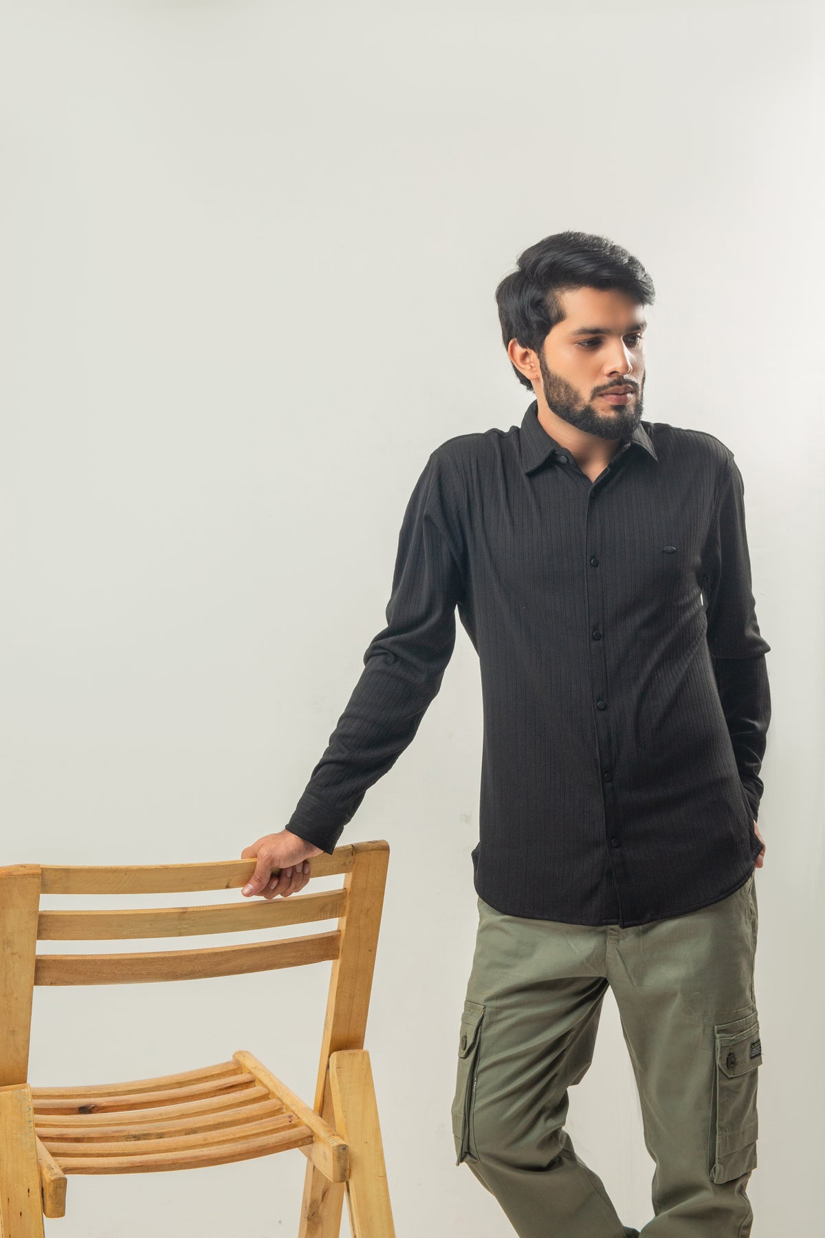 Stretch Material Lining Full Sleeves Casual Shirt - Black