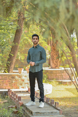 Textured Stretch Material Casual Shirt Full Sleeves - Green