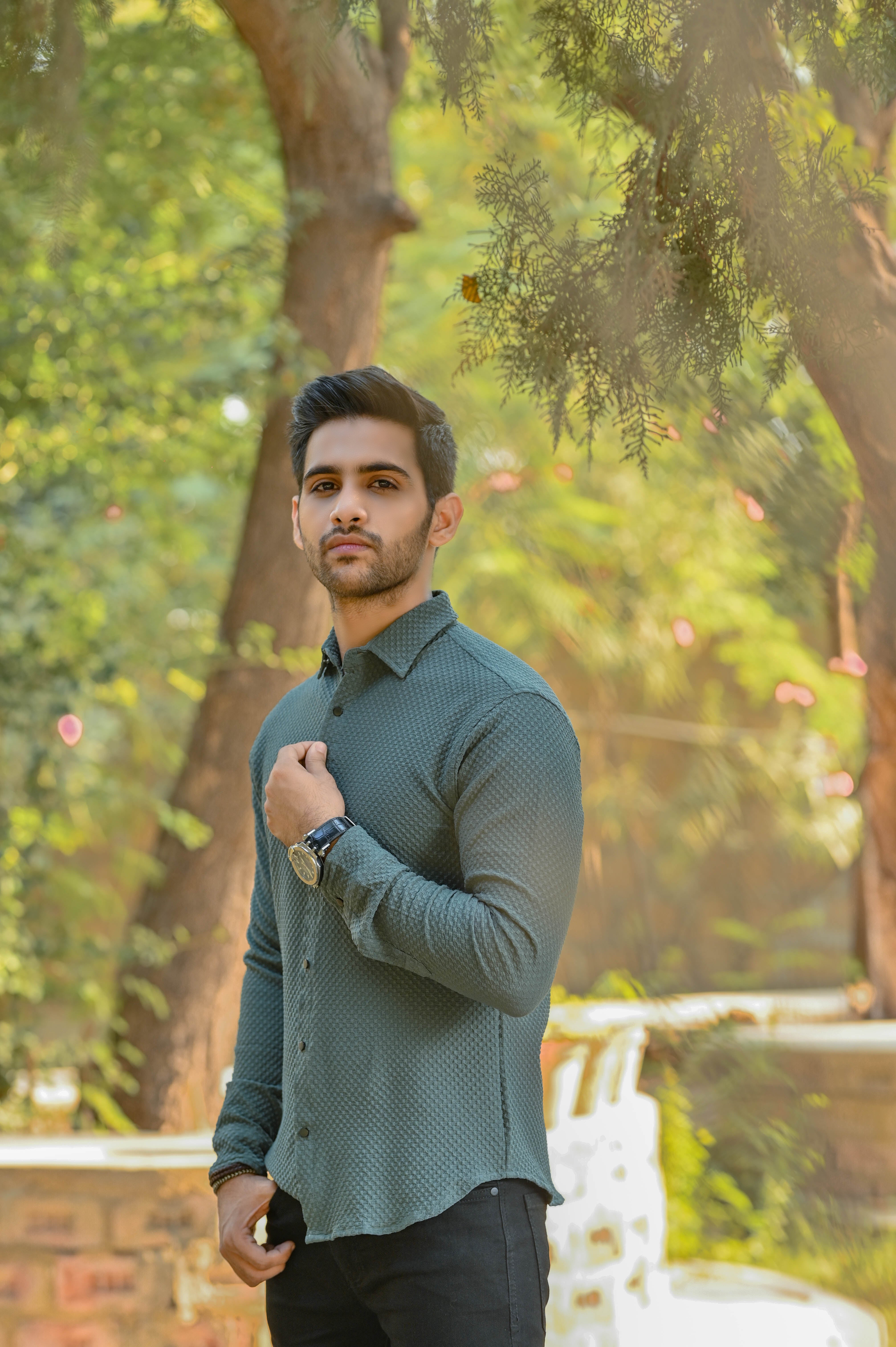 Textured Stretch Material Casual Shirt Full Sleeves - Green