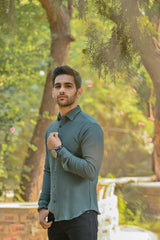 Textured Stretch Material Casual Shirt Full Sleeves - Green