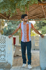 Dual Tone Bold Stripes Casual Shirt Half Sleeves - Peach