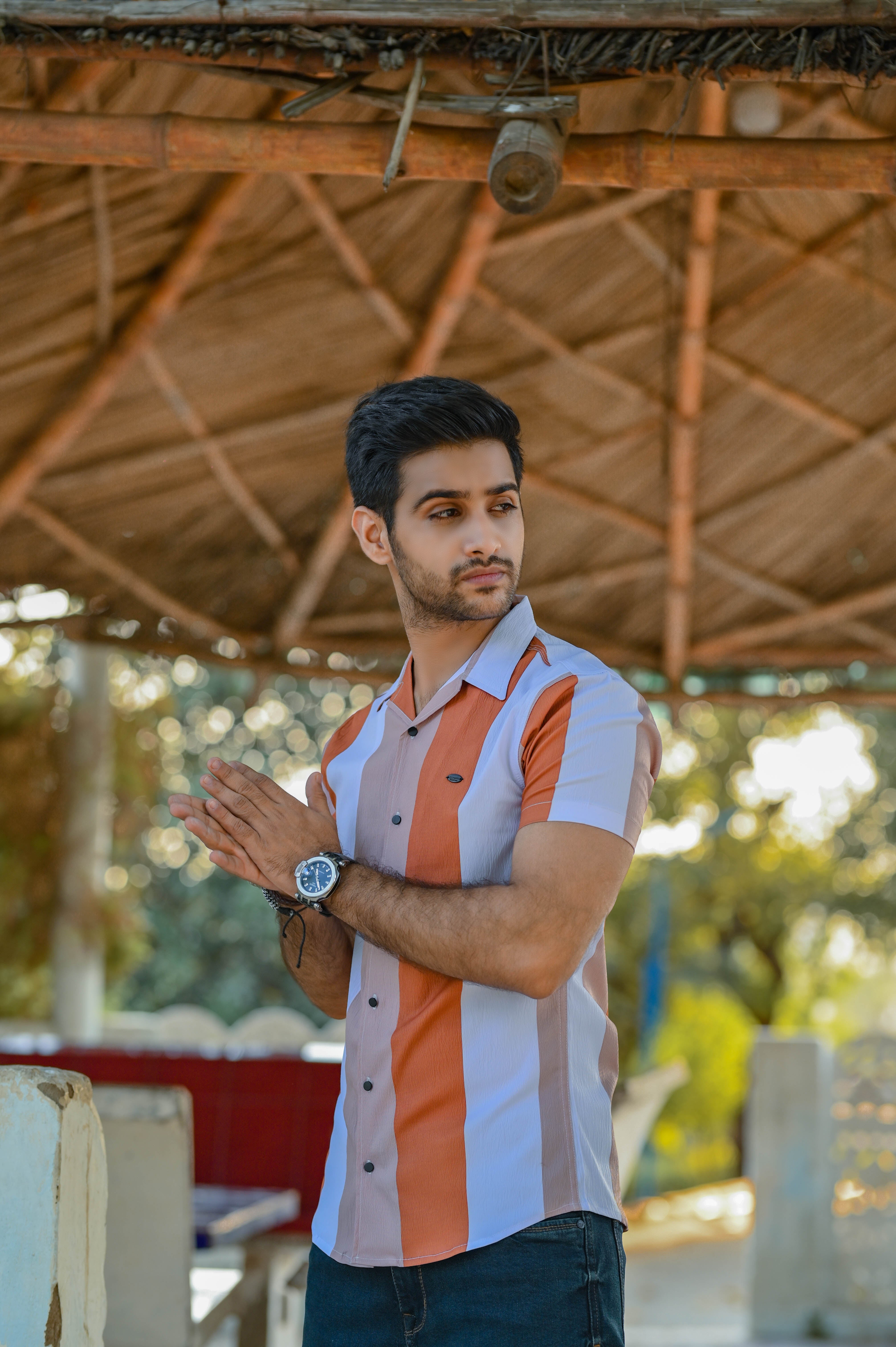 Dual Tone Bold Stripes Casual Shirt Half Sleeves - Peach