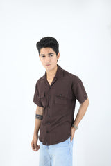 Textured SoftWeave Double Pocket Cuban Collar Shirt - Brown