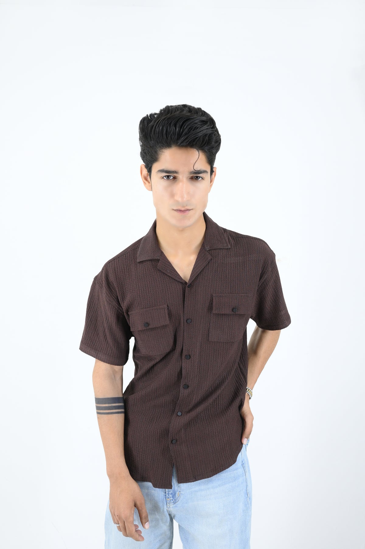 Textured SoftWeave Double Pocket Cuban Collar Shirt - Brown