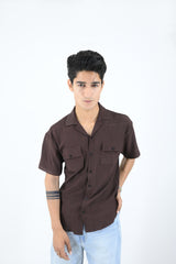 Textured SoftWeave Double Pocket Cuban Collar Shirt - Brown