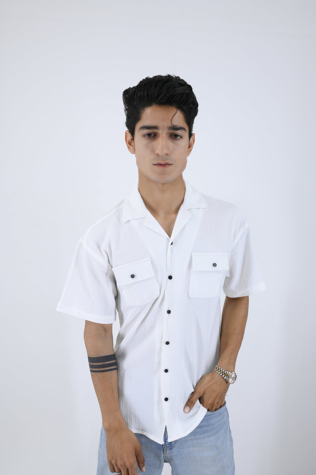 Textured SoftWeave Double Pocket Cuban Collar Shirt - White