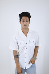 Textured SoftWeave Double Pocket Cuban Collar Shirt - White