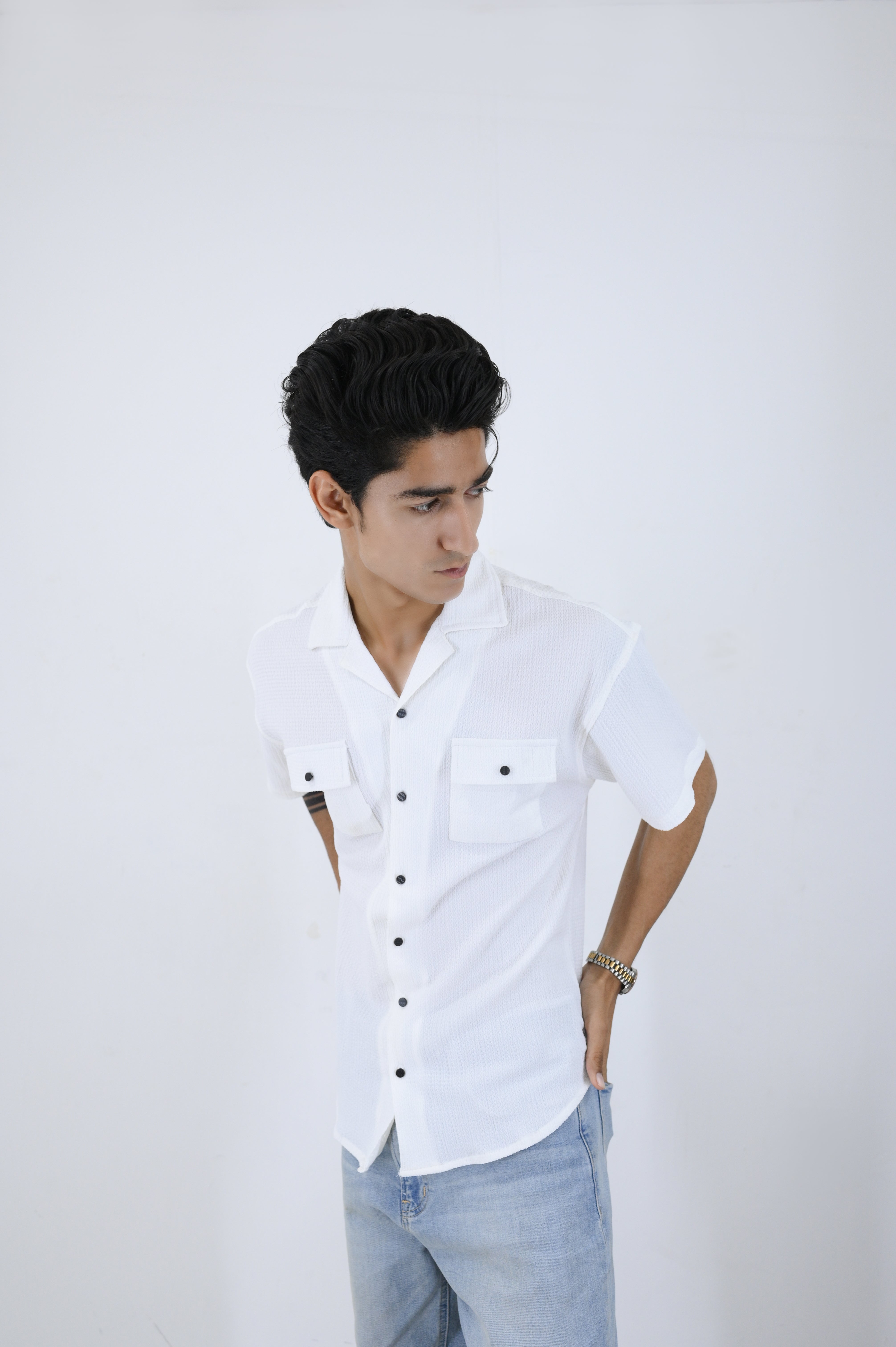 Textured SoftWeave Double Pocket Cuban Collar Shirt - White
