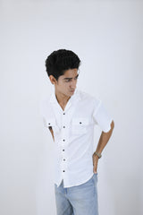 Textured SoftWeave Double Pocket Cuban Collar Shirt - White