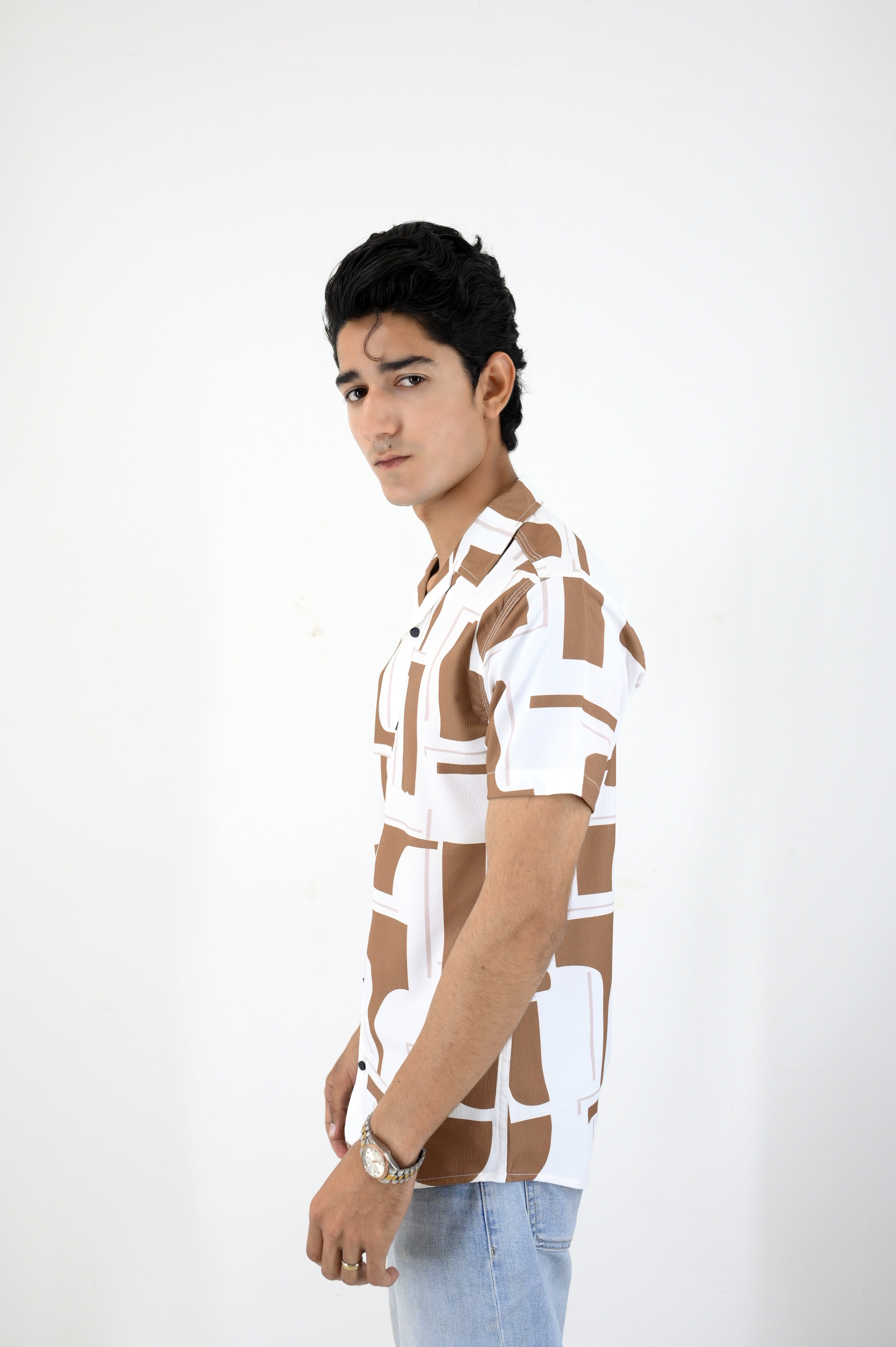 Men’s Retro Printed Short-Sleeve Shirt - Brown