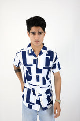 Men’s Retro Printed Short-Sleeve Shirt - Blue