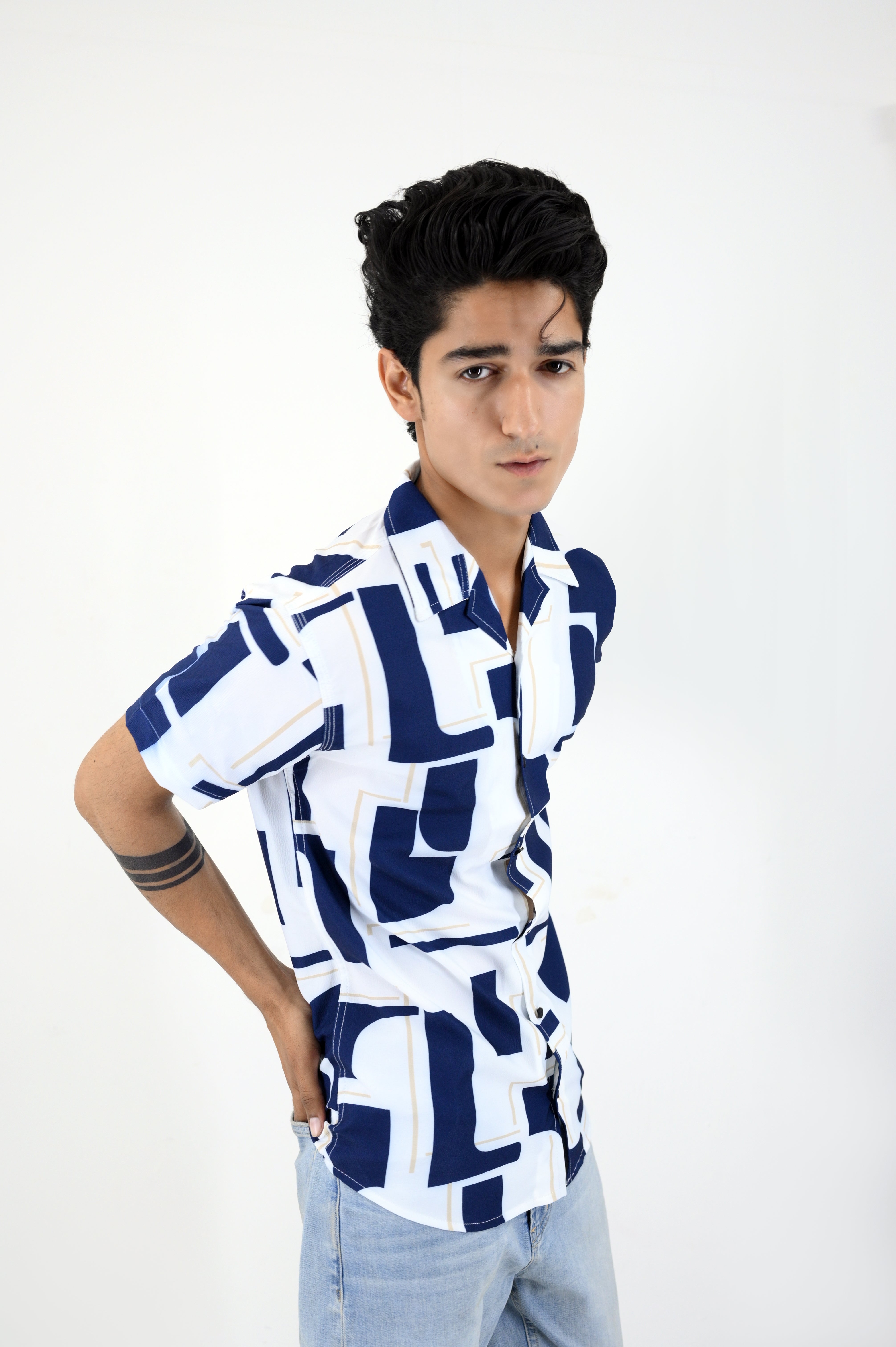 Men’s Retro Printed Short-Sleeve Shirt - Blue