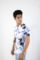 Summer Breeze Urban Brushstroke Casual Half Sleeve Shirt - White And Navy Blue