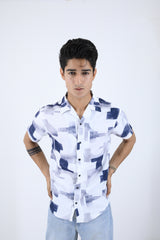 Summer Breeze Urban Brushstroke Casual Half Sleeve Shirt - White And Navy Blue