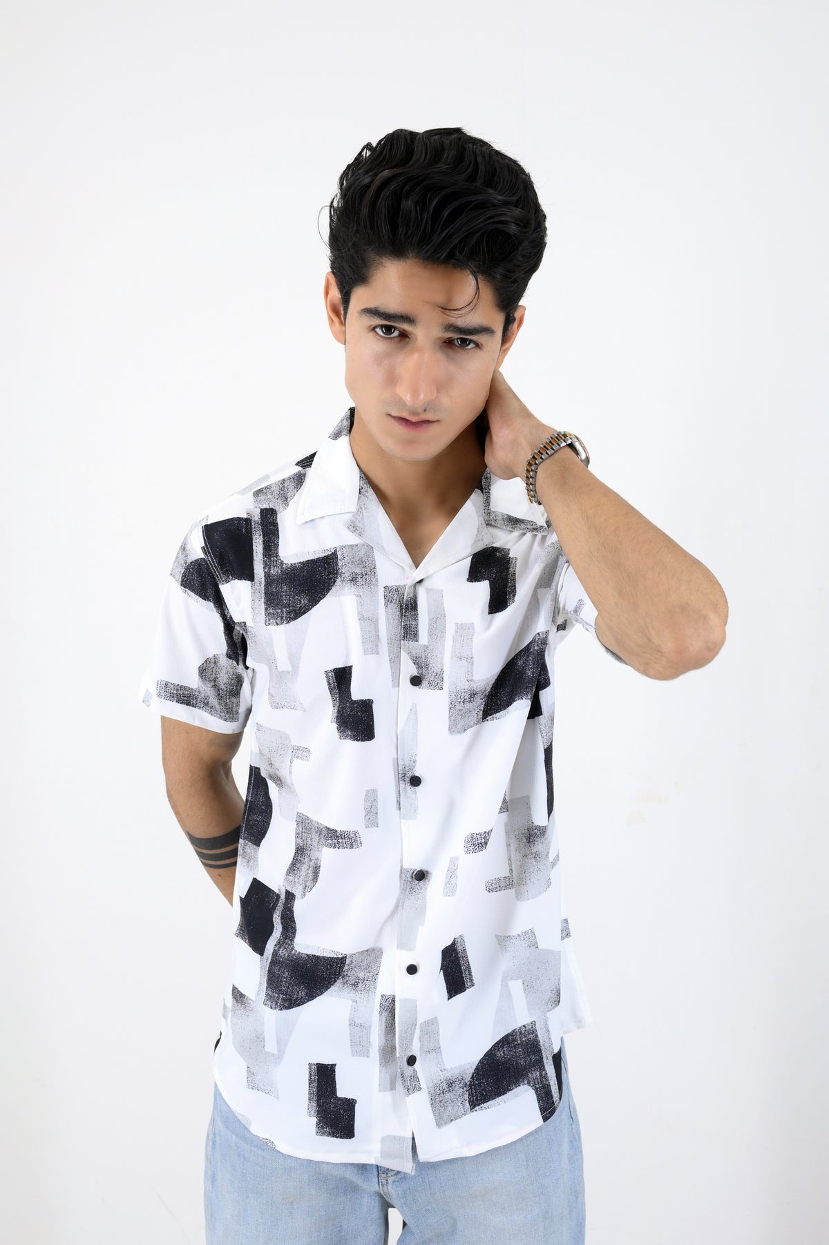 Summer Breeze Urban Brushstroke Casual Half Sleeve Shirt - White And Black