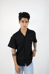 Textured SoftWeave Double Pocket Cuban Collar Shirt - Black