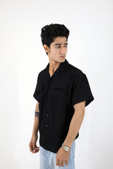 Textured SoftWeave Double Pocket Cuban Collar Shirt - Black